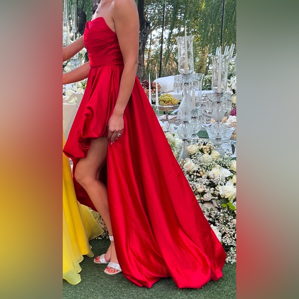Strapless Ruched Gown, Red satin - Picture 4 of 6